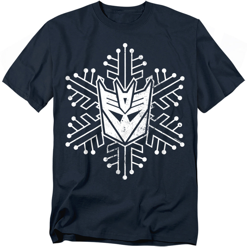 Navy t-shirt featuring a distressed white Decepticon emblem stylized as a snowflake.