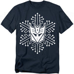 Navy t-shirt featuring a distressed white Decepticon emblem stylized as a snowflake.