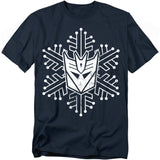 Navy t-shirt featuring a distressed white Decepticon emblem stylized as a snowflake.