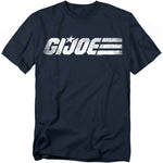 Navy t-shirt featuring the distressed white G.I. Joe logo with three horizontal stripes.