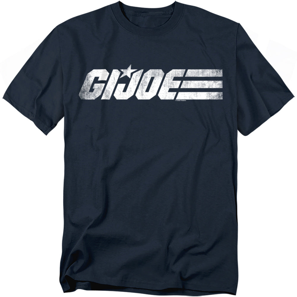Navy t-shirt featuring the distressed white G.I. Joe logo with three horizontal stripes.