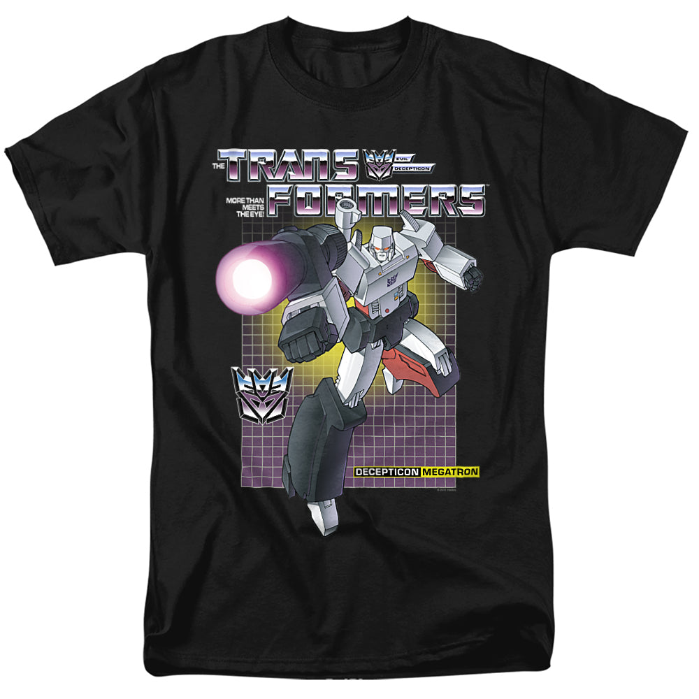 Black t-shirt with a graphic of G1 Megatron from Transformers, aiming his fusion cannon with a glowing blast, retro grid background, and classic logo above.