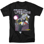 Black t-shirt with a graphic of G1 Megatron from Transformers, aiming his fusion cannon with a glowing blast, retro grid background, and classic logo above.