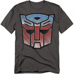 Charcoal t-shirt featuring the metallic silver, blue, and red Transformers Autobot logo centered on the chest.