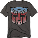 Charcoal t-shirt featuring the metallic silver, blue, and red Transformers Autobot logo centered on the chest.