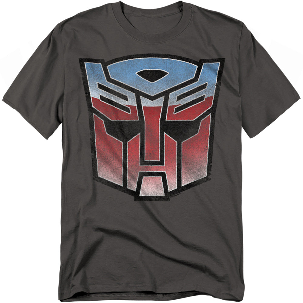 Charcoal t-shirt featuring the metallic silver, blue, and red Transformers Autobot logo centered on the chest.
