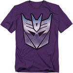Purple t-shirt featuring the metallic purple-and-silver Transformers Decepticon logo centered on the chest.