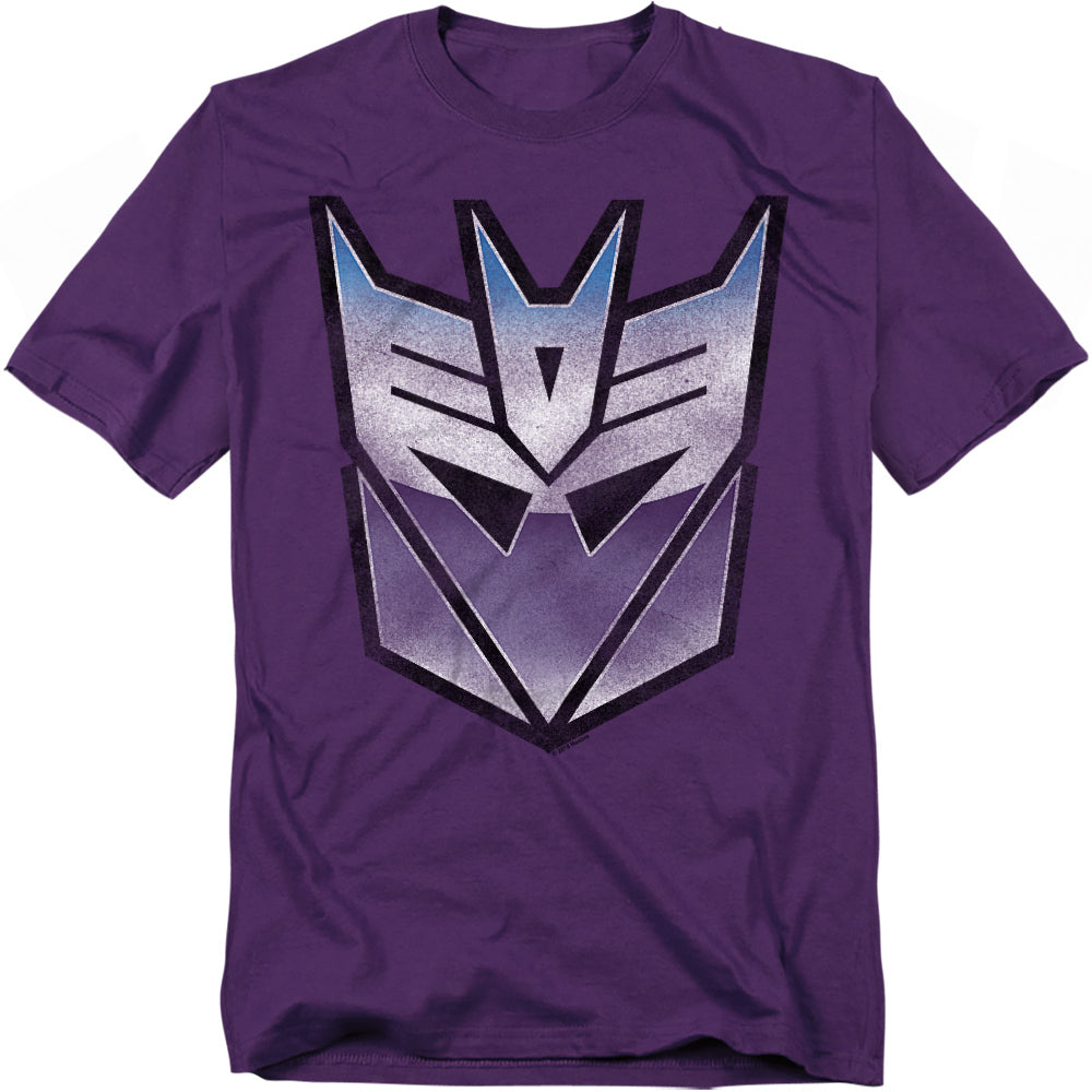 Purple t-shirt featuring the metallic purple-and-silver Transformers Decepticon logo centered on the chest.