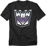 Black t-shirt featuring the metallic purple-and-silver Transformers Decepticon logo centered on the chest.