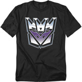 Black t-shirt featuring the metallic purple-and-silver Transformers Decepticon logo centered on the chest.