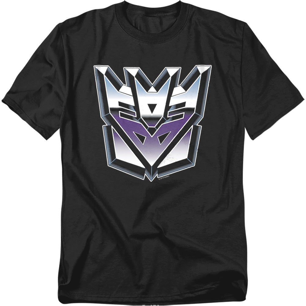 Black t-shirt featuring the metallic purple-and-silver Transformers Decepticon logo centered on the chest.