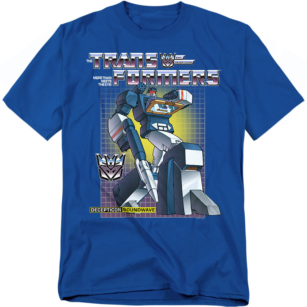Blue t-shirt featuring Soundwave from Transformers G1 in cartoon style, with the Transformers logo, Decepticon insignia, and purple grid background.