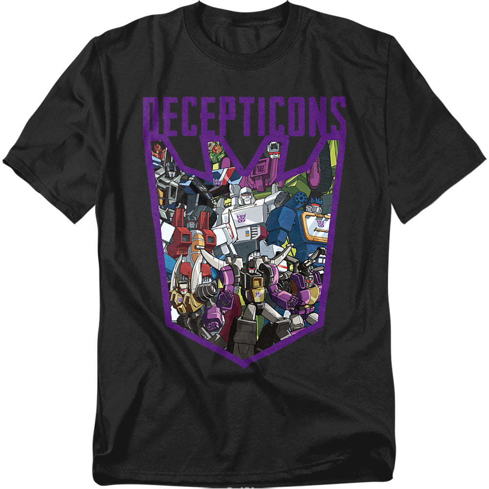 Black t-shirt featuring a large purple Decepticon logo filled with Megatron, Soundwave, Starscream, Shockwave, and other Decepticon characters in cartoon style.