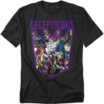 Black t-shirt featuring a large purple Decepticon logo filled with Megatron, Soundwave, Starscream, Shockwave, and other Decepticon characters in cartoon style.