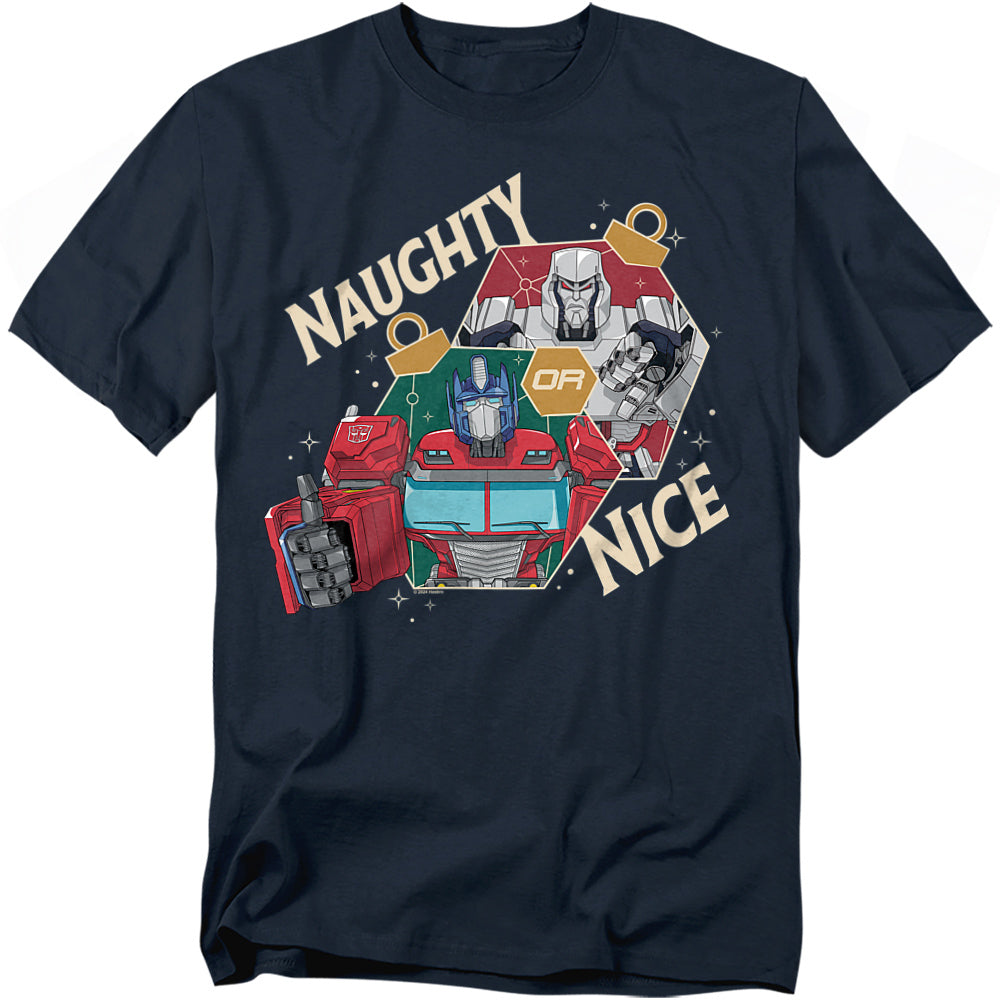 Navy t-shirt featuring Optimus Prime and Megatron framed in Christmas ornaments with the text “Naughty or Nice.”