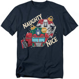 Navy t-shirt featuring Optimus Prime and Megatron framed in Christmas ornaments with the text “Naughty or Nice.”