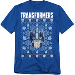 Blue t-shirt with 'Transformers' logo and design on a white background