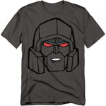 Charcoal gray t-shirt featuring a large cartoon-style close-up of Megatron’s face with red eyes and black outlines in G1 Transformers design.