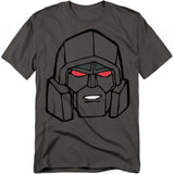Charcoal gray t-shirt featuring a large cartoon-style close-up of Megatron’s face with red eyes and black outlines in G1 Transformers design.