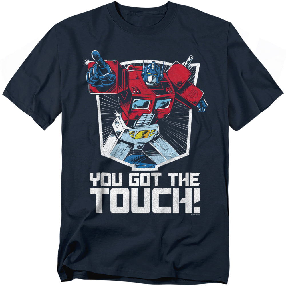 Navy blue t-shirt featuring Optimus Prime pointing with bold text below reading “You Got the Touch.”