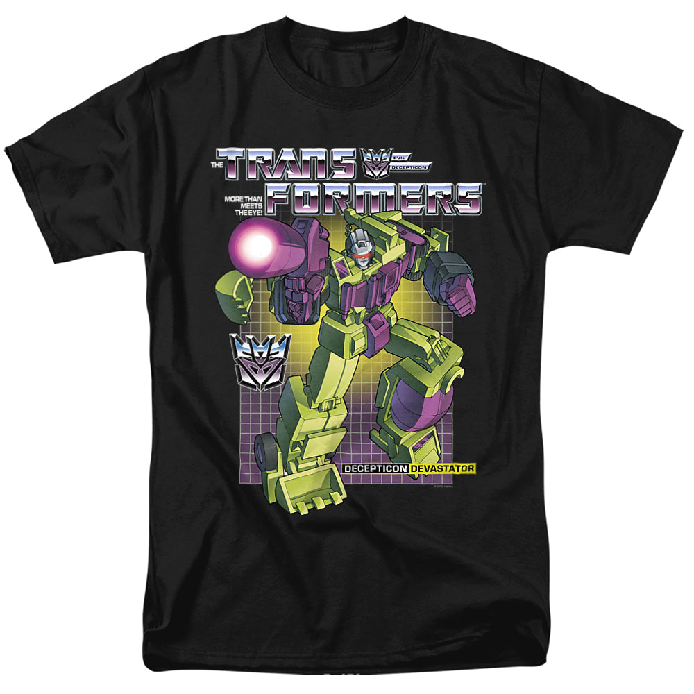 Black t-shirt with a graphic of Transformers G1 Devastator in green and purple, firing his fusion cannon, set against a retro grid background with the Transformers logo and Decepticon emblem.