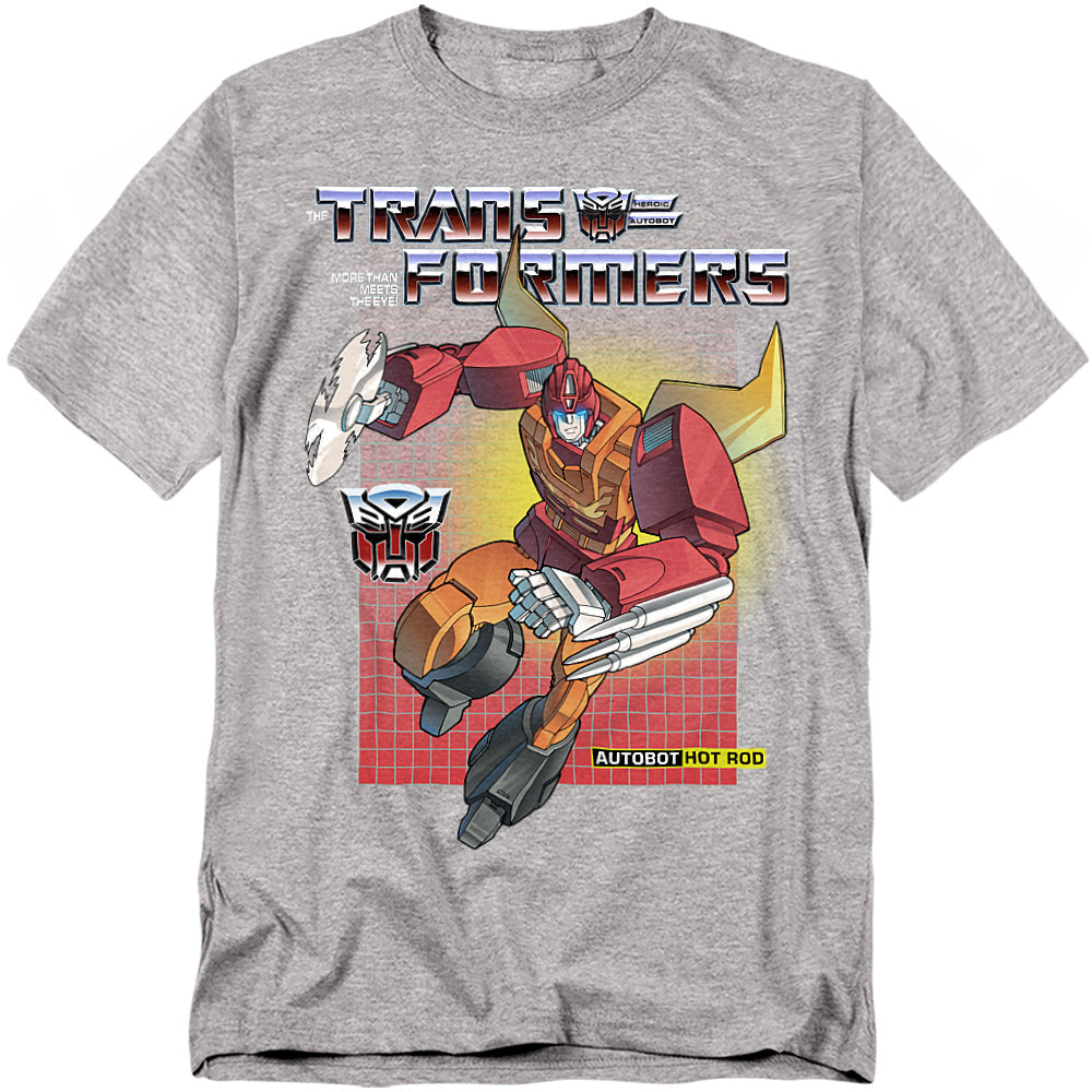 Heather grey T-shirt with G1-style Transformers Hot Rod graphic on a retro red grid background.