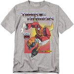 Heather grey T-shirt with G1-style Transformers Hot Rod graphic on a retro red grid background.
