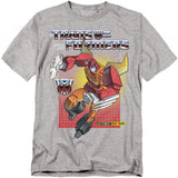 Heather grey T-shirt with G1-style Transformers Hot Rod graphic on a retro red grid background.