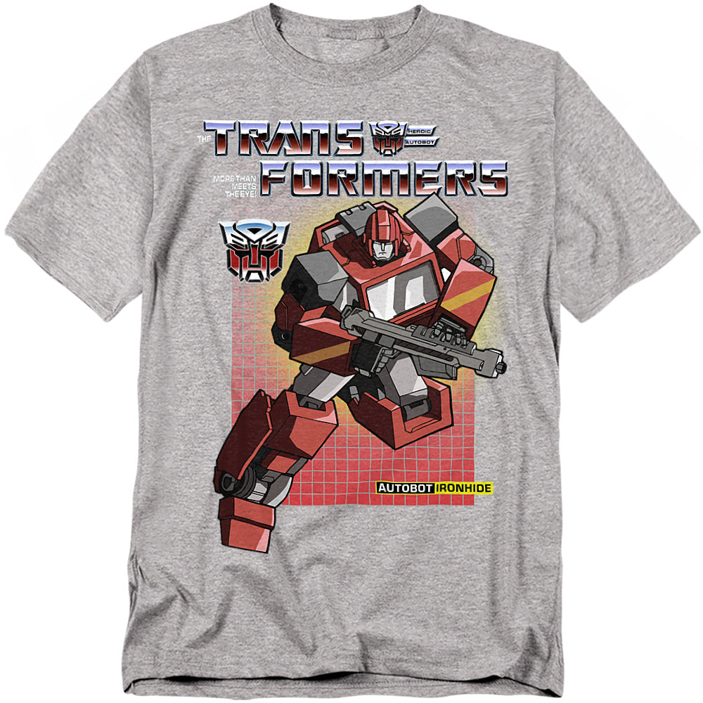 Heather grey T-shirt with G1-style Transformers Ironhide graphic and retro red grid background.