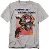 Heather grey T-shirt with G1-style Transformers Ironhide graphic and retro red grid background.