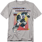 Heather gray t-shirt featuring Transformers G1 Jazz in cartoon style, with the Transformers logo, Autobot insignia, and red grid background.