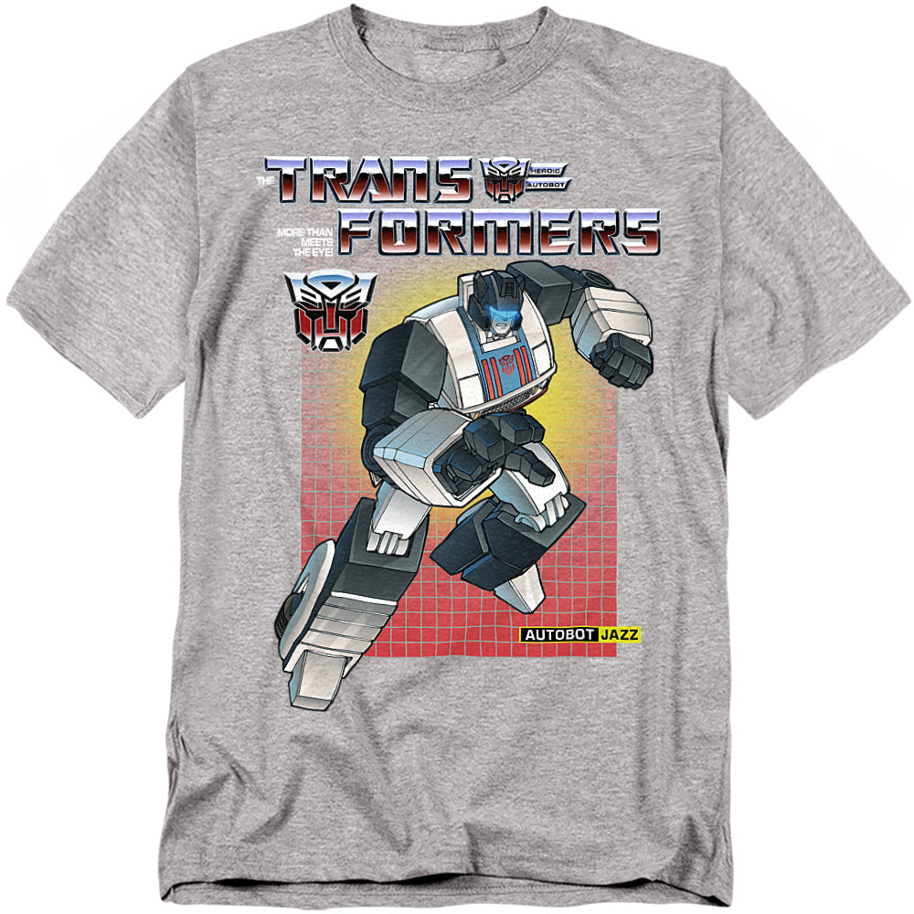 Heather gray t-shirt featuring Transformers G1 Jazz in cartoon style, with the Transformers logo, Autobot insignia, and red grid background.
