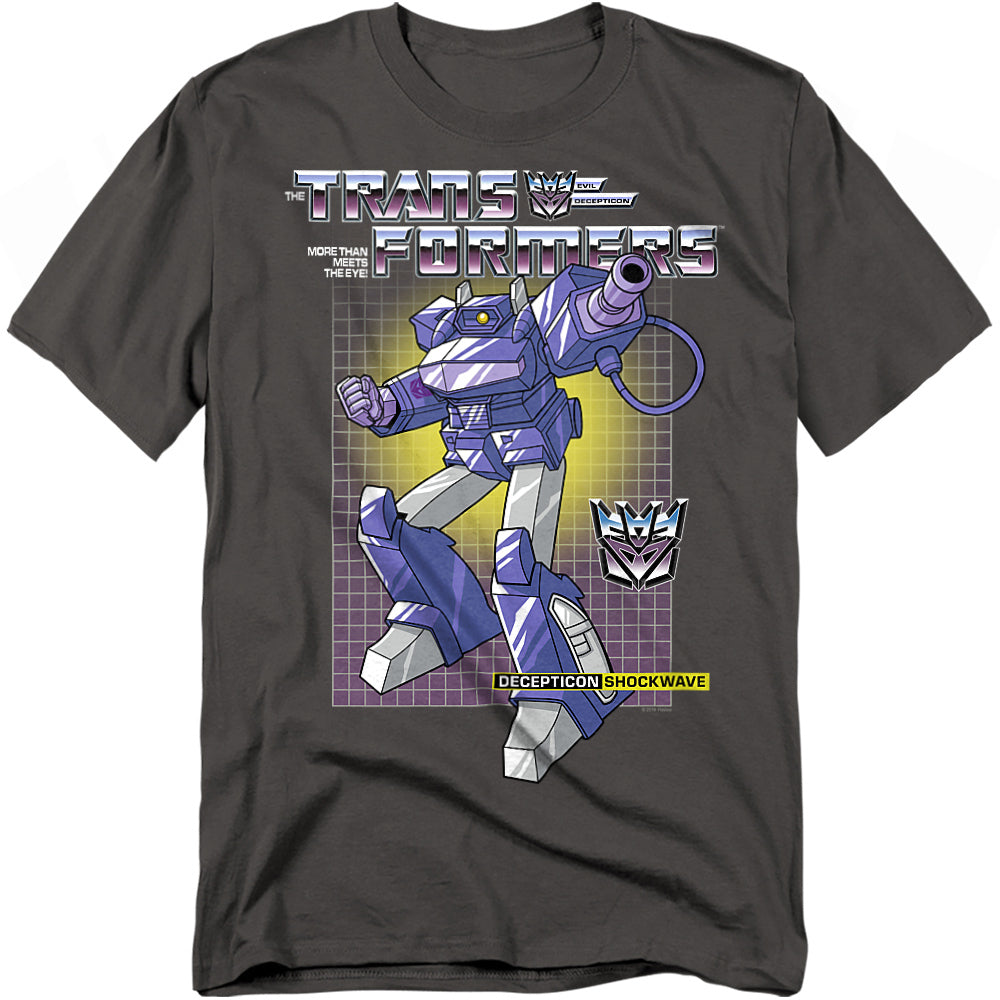 Charcoal t-shirt featuring Shockwave from Transformers G1 in cartoon style, with the Transformers logo, Decepticon insignia, and purple grid background.