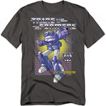 Charcoal t-shirt featuring Shockwave from Transformers G1 in cartoon style, with the Transformers logo, Decepticon insignia, and purple grid background.
