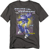 Charcoal t-shirt featuring Shockwave from Transformers G1 in cartoon style, with the Transformers logo, Decepticon insignia, and purple grid background.