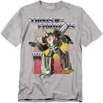 Heather gray t-shirt featuring Transformers G1 Wheeljack in cartoon style, with the Transformers logo, Autobot insignia, and red grid background.