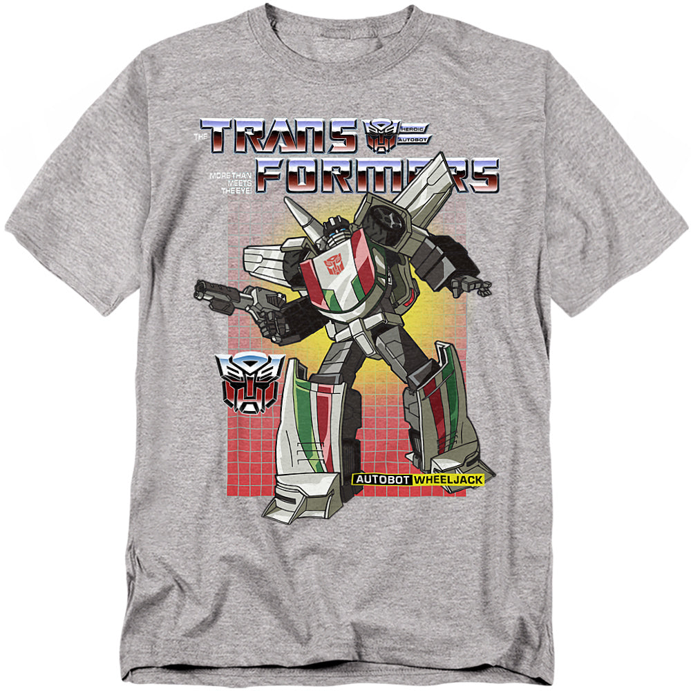 Heather gray t-shirt featuring Transformers G1 Wheeljack in cartoon style, with the Transformers logo, Autobot insignia, and red grid background.