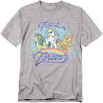 Heather grey t-shirt featuring three My Little Pony characters with pastel colors, standing above a rainbow with the words “Friends Forever.”