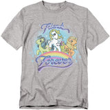 Heather grey t-shirt featuring three My Little Pony characters with pastel colors, standing above a rainbow with the words “Friends Forever.”