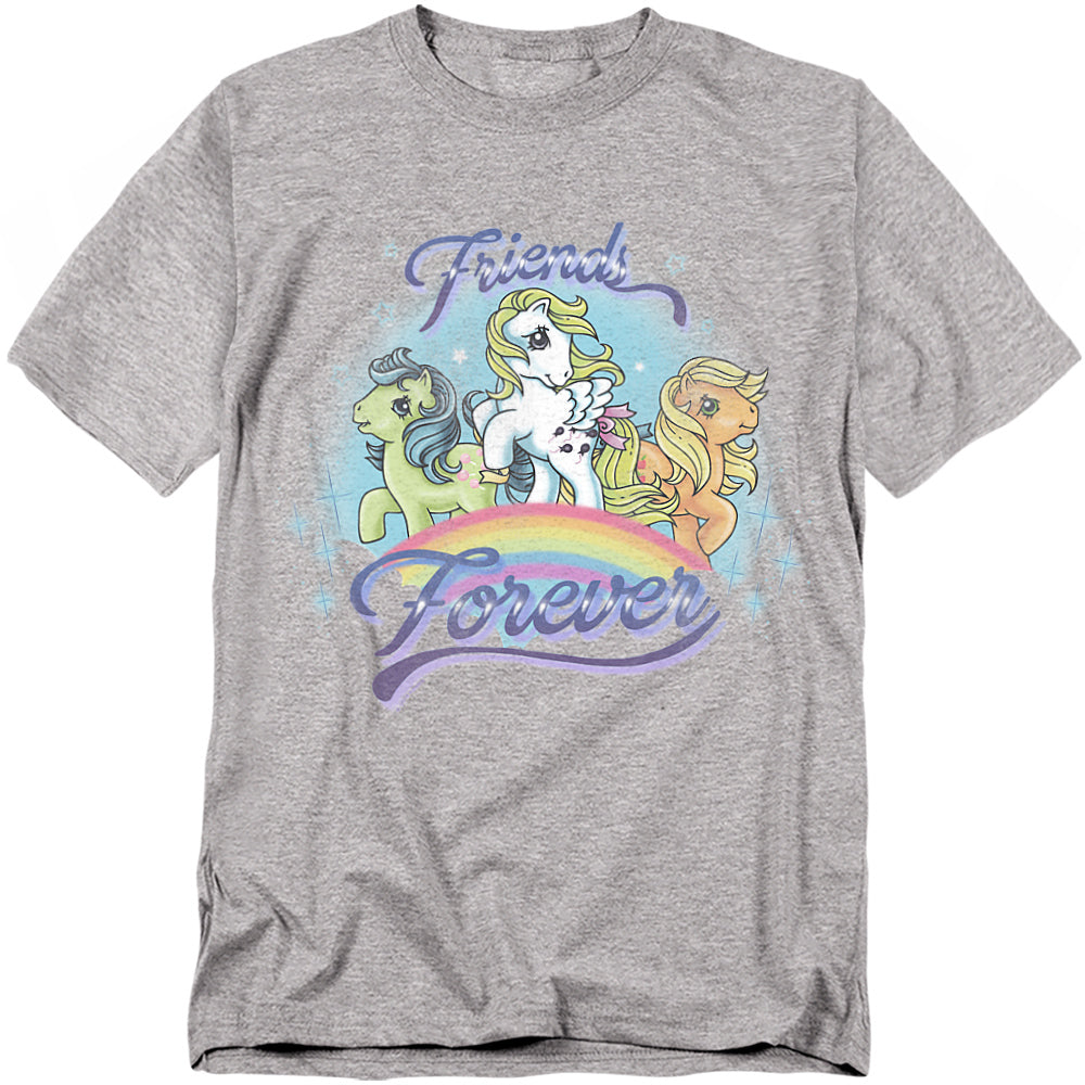 Heather grey t-shirt featuring three My Little Pony characters with pastel colors, standing above a rainbow with the words “Friends Forever.”