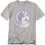 Grey t-shirt with a pastel rainbow design featuring a unicorn My Little Pony standing on a fluffy cloud with soft rainbow colors behind it.