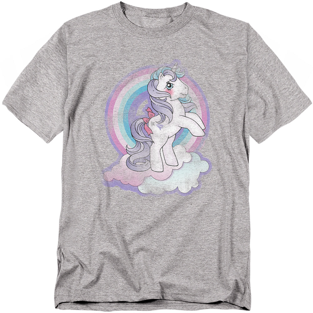 Grey t-shirt with a pastel rainbow design featuring a unicorn My Little Pony standing on a fluffy cloud with soft rainbow colors behind it.
