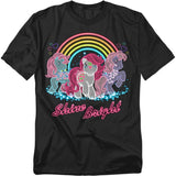 Black t-shirt with three neon-outlined My Little Pony characters under a glowing rainbow with the phrase “Shine Bright” in pink script.
