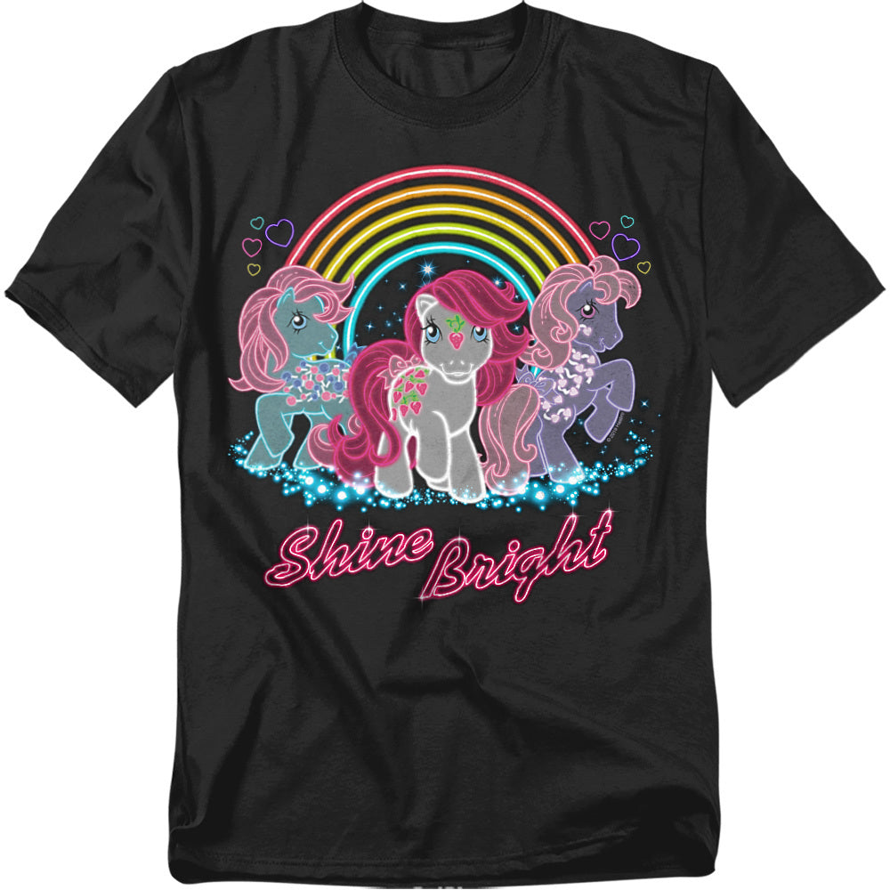 Black t-shirt with three neon-outlined My Little Pony characters under a glowing rainbow with the phrase “Shine Bright” in pink script.