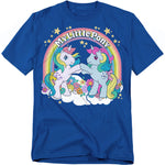 Royal blue t-shirt featuring two unicorn My Little Pony characters high-hoofing beneath a rainbow with stars, clouds, and flowers.