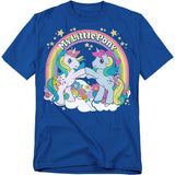 Royal blue t-shirt featuring two unicorn My Little Pony characters high-hoofing beneath a rainbow with stars, clouds, and flowers.
