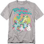 Heather gray t-shirt with a rainbow backdrop and six colorful vintage My Little Pony characters beneath the phrase “Chillin’ with My Ponies.”
