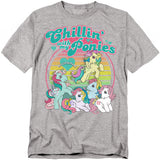 Heather gray t-shirt with a rainbow backdrop and six colorful vintage My Little Pony characters beneath the phrase “Chillin’ with My Ponies.”