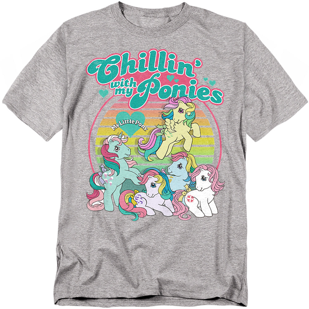 Heather gray t-shirt with a rainbow backdrop and six colorful vintage My Little Pony characters beneath the phrase “Chillin’ with My Ponies.”