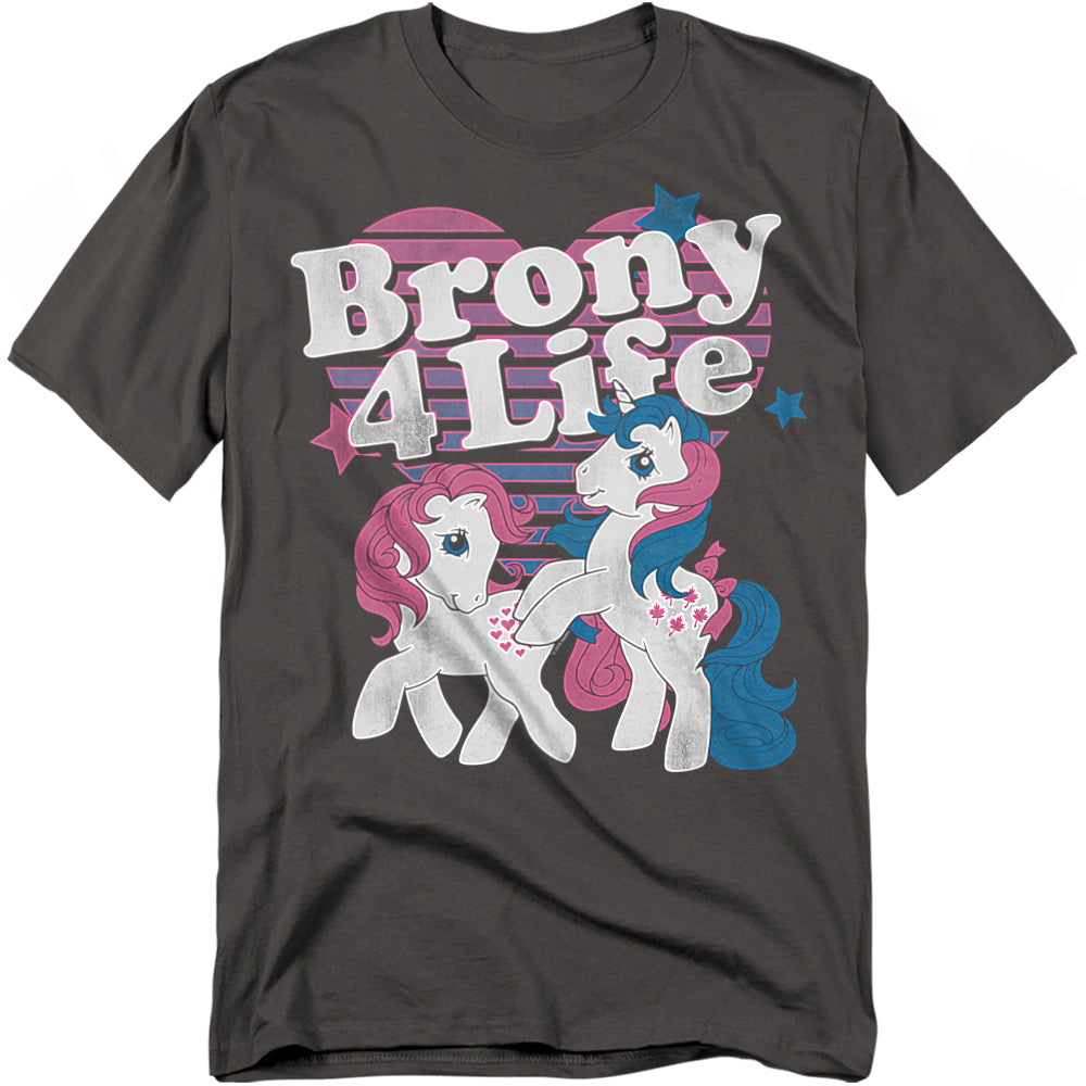 Charcoal gray t-shirt with two vintage-style My Little Pony characters under the bold text “Brony 4 Life” in white.